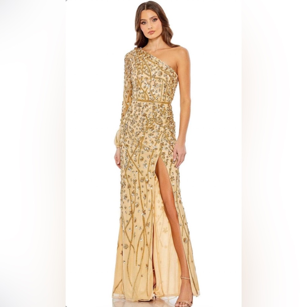 Mac Duggal Gold One-Shoulder Beaded Evening Gown SIZE 14